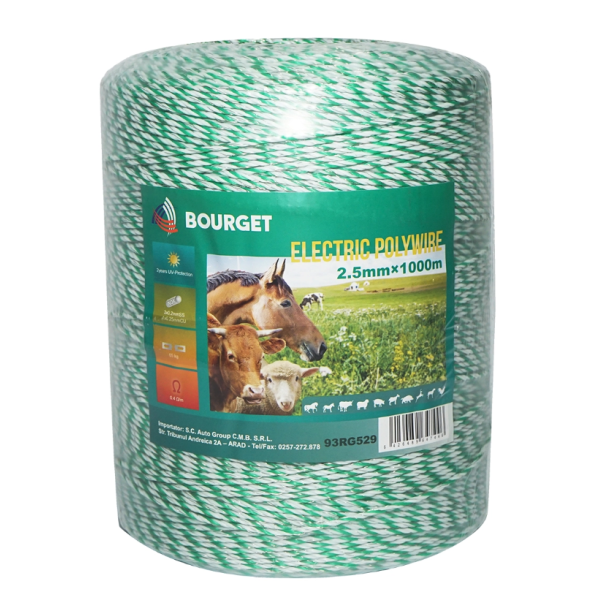 Rola fir verde fluorescent-alb fi 2.5mm 3x0.2mm SS, 1x0.25mm Cu, 1000m gard electric