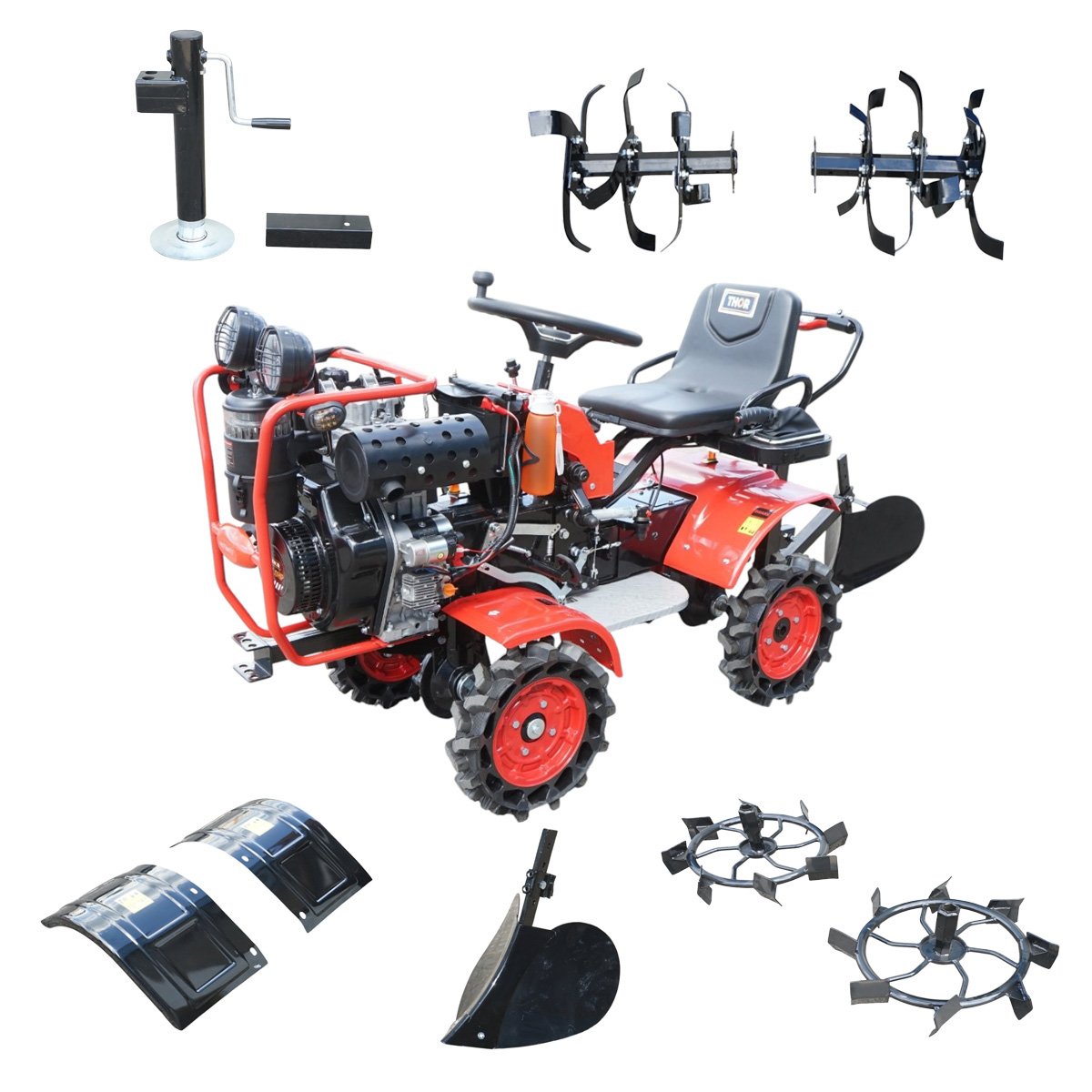 Mini tractor 4x4 diesel 17CP, 531cc, 3+1 viteze, 2 cutii de viteze, pornire electrica/manuala, latime lucru 1050mm cu freza, rarita, roti metalice, picior sprijin