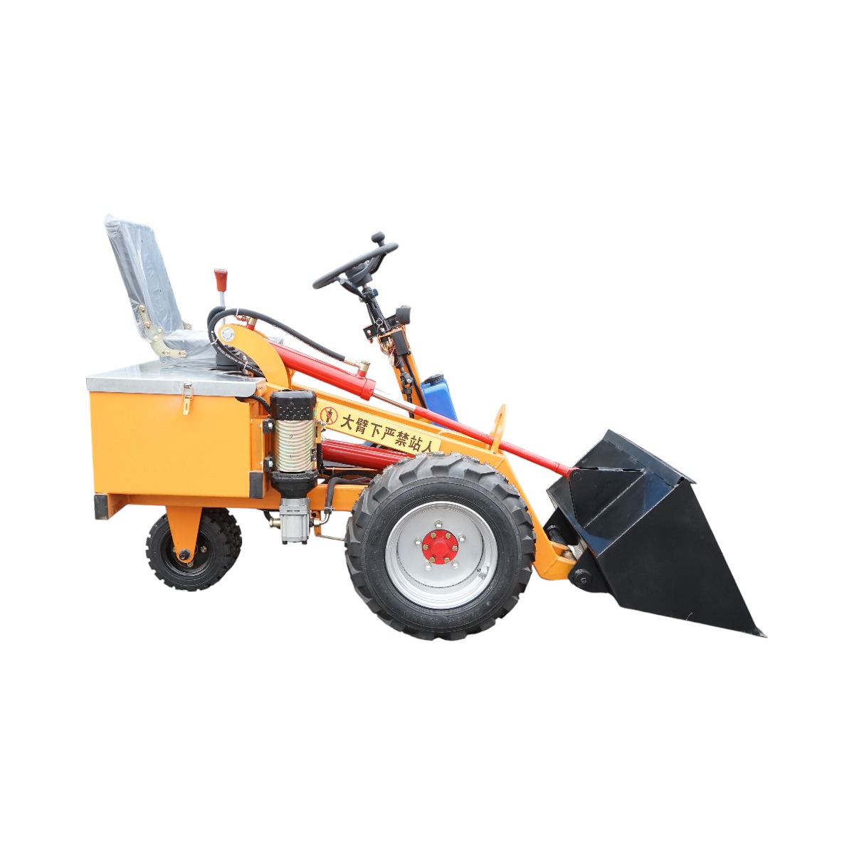 Mini incarcator frontal electric cu 3 roti, 2 motoare 1800W/1300W, baterie 48V/52Ah, capacitate ridicare 200kg, cupa 900x450x370mm