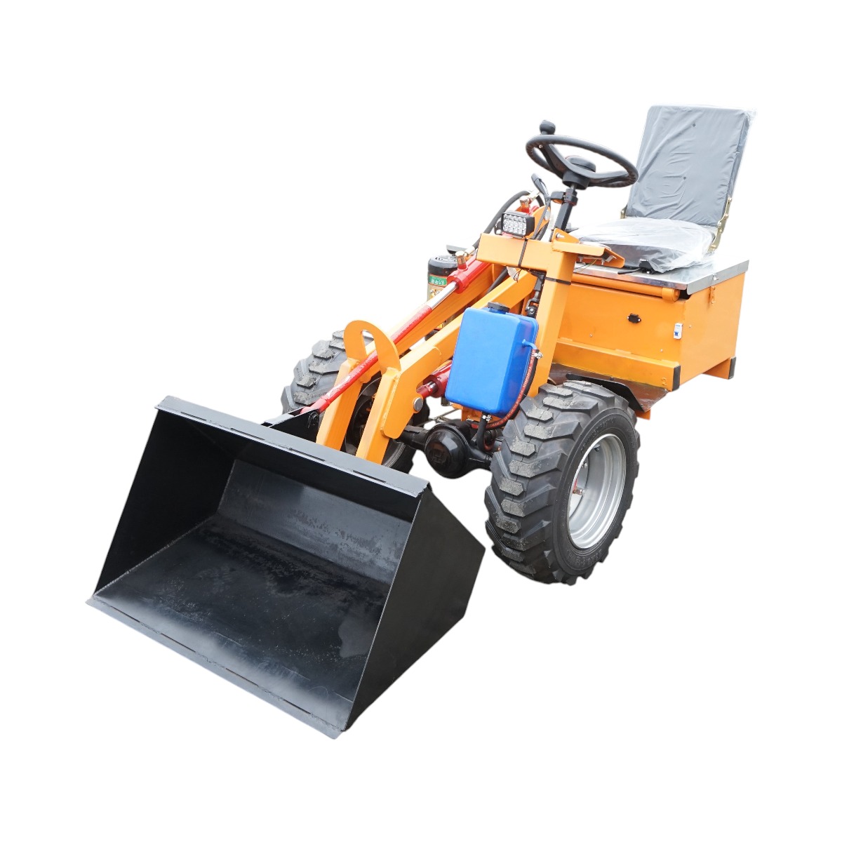 Mini incarcator frontal electric cu 3 roti, 2 motoare 1800W/1300W, baterie 48V/52Ah, capacitate ridicare 200kg, cupa 900x450x370mm