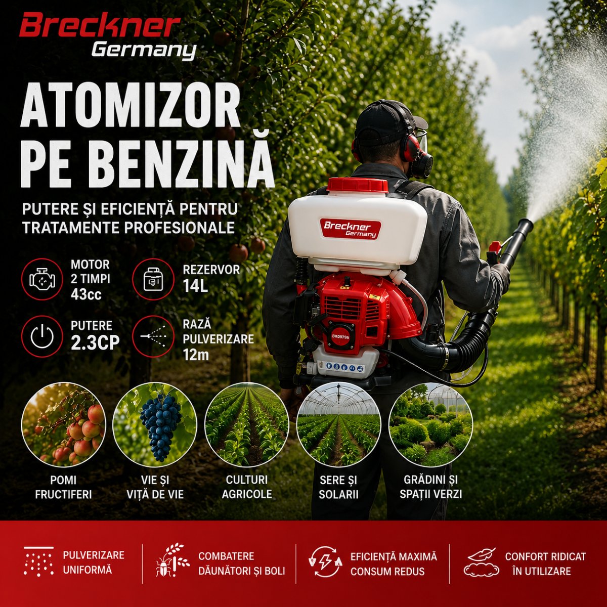 Atomizor pe benzina 14L, motor 2 timpi 2.3CP, 43cc, raza pulverizare 12m