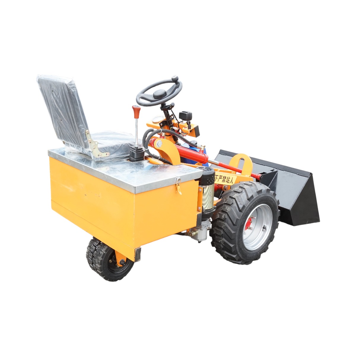 Mini incarcator frontal electric cu 3 roti, 2 motoare 1800W/1300W, baterie 48V/52Ah, capacitate ridicare 200kg, cupa 900x450x370mm