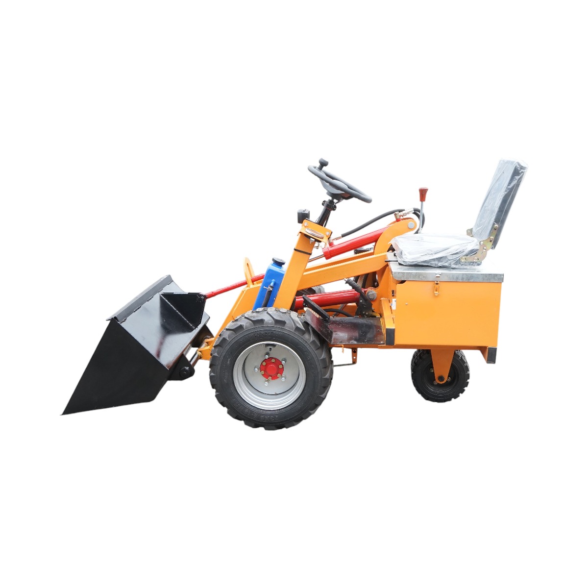 Mini incarcator frontal electric cu 3 roti, 2 motoare 1800W/1300W, baterie 48V/52Ah, capacitate ridicare 200kg, cupa 900x450x370mm
