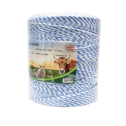 Rola fir alb-albastru 3mm insertie metalica 3×0.2mm SS, rezistenta 7.8 Ohm/m, 1000m gard electric