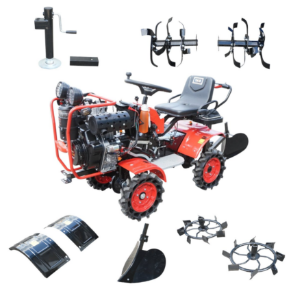 Mini tractor 4×4 diesel 17CP, 531cc, 3+1 viteze, 2 cutii de viteze, pornire electrica/manuala, latime lucru 1050mm cu freza, rarita, roti metalice, picior sprijin